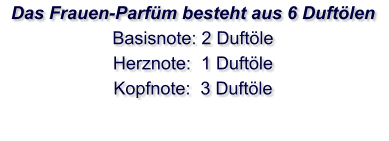 Das Frauen-Parfüm besteht aus 6 Duftölen Basisnote: 2 Duftöle Herznote:  1 Duftöle Kopfnote:  3 Duftöle
